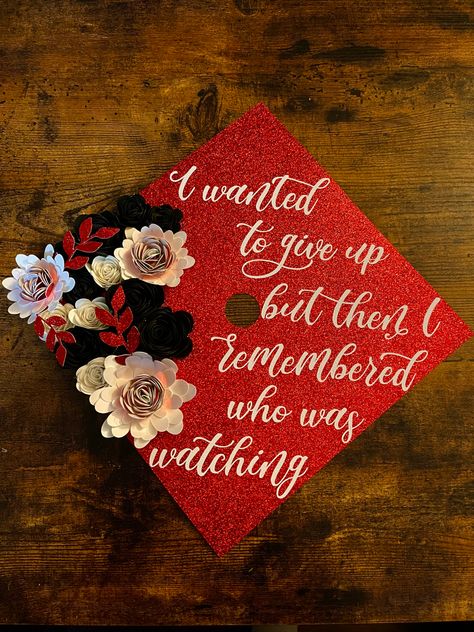 I Almost Gave Up Graduation Cap, Red Graduation Cap Ideas, Red Cap Decoration Graduation, Red Grad Cap Ideas, Graduation Cap Designs Red, Red Graduation Cap Designs, Graduate Ideas, Red Graduation Cap, High School Graduation Cap Designs