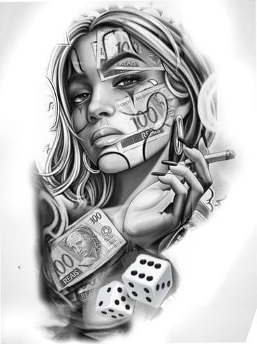 Gangster Drawings, Mujeres Tattoo, Art Chicano, Tattoo Style Art, Chicano Tattoos Sleeve, Catrina Tattoo, Skull Girl Tattoo, Girl Face Tattoo, Gangsta Tattoos