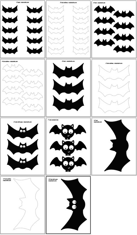 Get ready for Halloween with these printable bat templates and outlines! This collection features 11 bat templates and outlines from just 3" across up to 10" across. There are bat outlines as well as filled in bat silhouettes. There are even cute bats with eyes! Please see the listing images for a preview of everything. Here are a few ideas for how to use these bat templates: Use them as coloring pages and have your little one decorate them with googly eyes Use them as patterns to make window cl Halloween Templates Free Printable, Make Window Clings, Bat Outline, Bat Template, Cute Bats, Bat Coloring Pages, Paper Bat, Bat Decorations, School Halloween Party