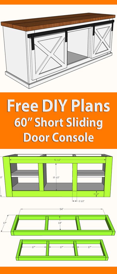 24" high sliding door console » Famous Artisan Tv Console Building Plans, Tv Stand Blueprints, Barn Door Tv Console, Diy Barn Door Plans, Barn Door Console, Diy Console, Diy Projects Plans, Diy Sliding Barn Door, Diy Tv Stand