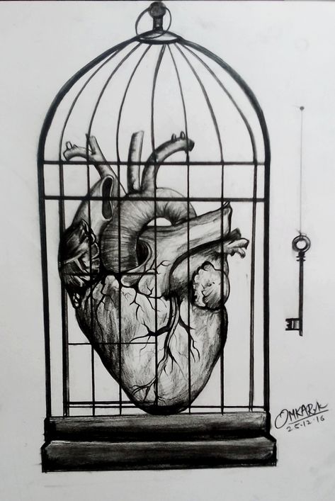 charcoal sketch #omkarkhochare Bird In A Cage Drawing Freedom, Heart Sketch Creative, Heart In A Cage, Cage Drawing, Human Heart Art, Caged Heart, Cage Art, Sketch Heart, Enneagram 1