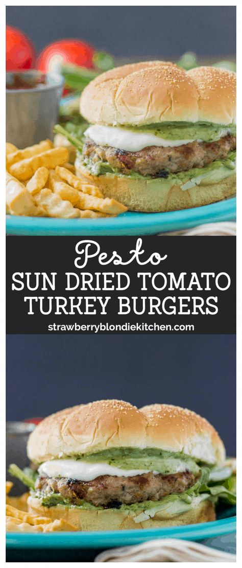 Baked Turkey Burgers, Strawberry Blondie, Ground Turkey Burgers, Ground Chicken Burgers, Sundried Tomato Chicken, Grilled Turkey Burgers, Healthy Pesto, Sundried Tomato Pesto, Chicken Burgers Recipe