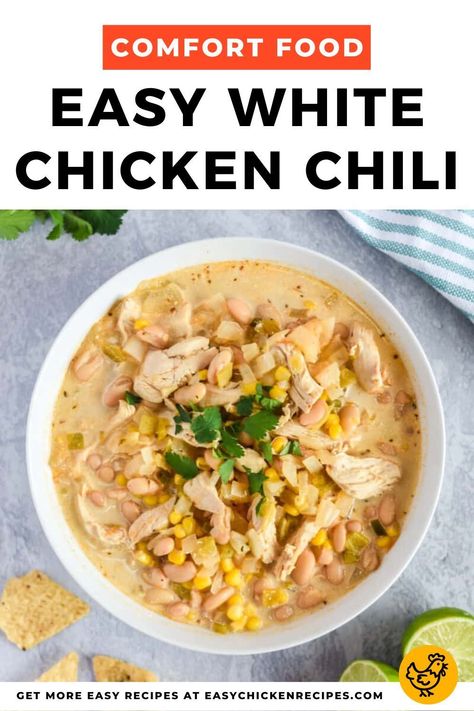 Chili is one of the best cold-weather dishes. This Easy White Chicken Chili uses chicken breasts and white beans, seasoned to perfection, for a twist on the regular bowl of red. It’s soothing comfort food. Pop over to my site for the recipe! | dinner ideas | chicken recipes | one pot meals | Easy White Chicken Chili, Chili Recipe Stovetop, Chili Easy, White Chicken Chili Recipe, White Bean Chili, Pot Making, White Chili Chicken Recipe, Chili Recipe Crockpot, Chicken Chili Recipe