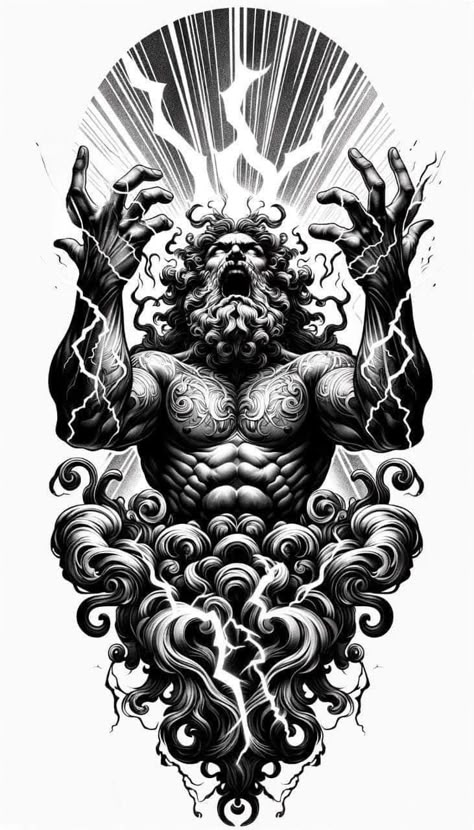 Reborn Tattoo, Zeus Tattoo, Samurai Tattoo Design, Greek Mythology Tattoos, Full Arm Tattoos, Scary Tattoos, Cool Chest Tattoos, Back Tattoos For Guys, Mythology Tattoos