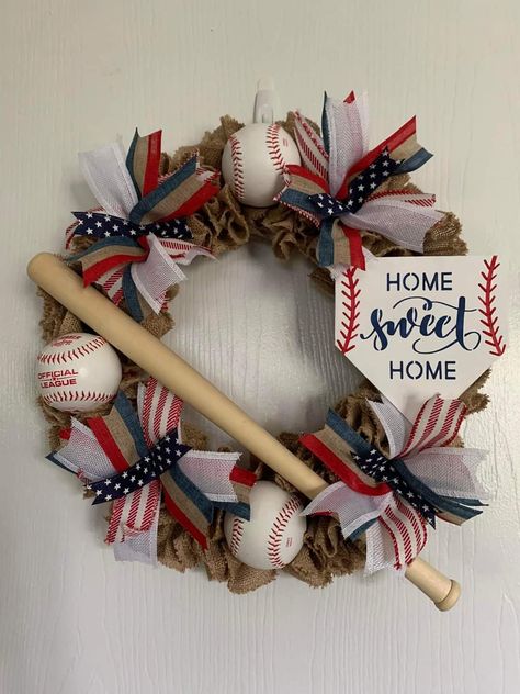 Diy Baseball Wreath, Baseball Wreaths For Front Door Diy, Baseball Wreaths For Front Door, Dodgers Wreath, Basket Wall Ideas, Sports Keychains, Softball Decorations, Baseball Wreath, Sports Wreath