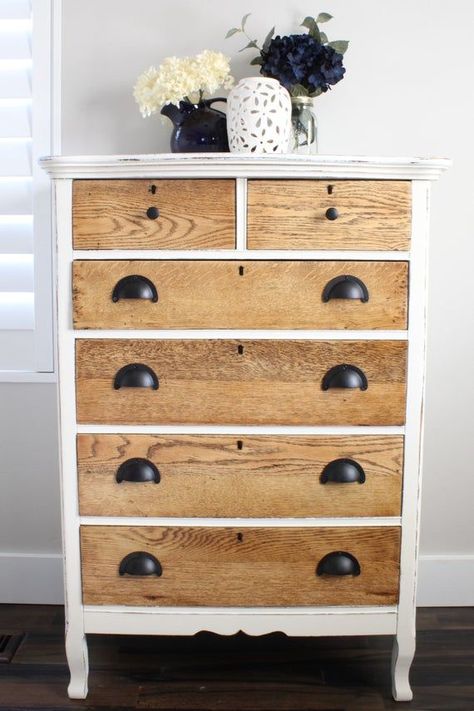 White And Wooden Dresser, Chalkpaint Dresser White, Repainted Dresser Ideas Farmhouse, 2 Tone Dressers, Dresser Staging Ideas, Dresser Makeover White And Wood, White And Stained Dresser, Farm Style Furniture, Furniture Flipping Ideas Wood