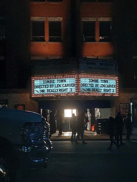 movie theater aesthetic movie filming zombies night time Movie Theater Asthetic Picture, 1920s Movie Theater, Movie Trailer Aesthetic, 80s Cinema Aesthetic, Small Town Movie Theater, Halloween Movie Theater, Thriller Movies Aesthetic, 70s Movie Theater, Scary Movie Night Aesthetic