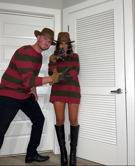 Freddy Krueger Costumes Couples, Freddy Krueger Costume Aesthetic, Mrs Krueger Costume, Freddie Krueger Couples Costume, Freddy Kruger And Jason Couple Costume, Freddy Krueger Halloween Costumes, Couple Halloween Costume Ideas 2023, Freddie Kruger Couple Costume, Couple Freddy Kruger