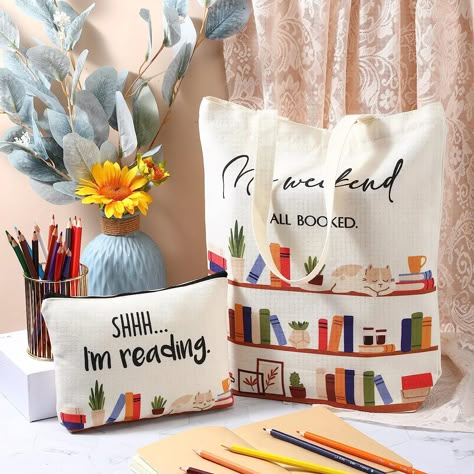 Pouch Painting, Librarian Gifts, Canvas Pencil Case, Gifts For Book Lovers, Bookmark Craft, Painted Tote, Book Cafe, Book Tote Bag, Gifts For Librarians