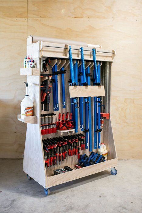 Ultimate Mobile Clamp Rack: 18 Steps (with Pictures) Clamp Rack Woodworking, Basement Shop, Workshop Interior, Clamp Rack, Clamp Storage, Woodshop Tools, Woodworking Garage, Woodworking Chair, Woodworking Power Tools