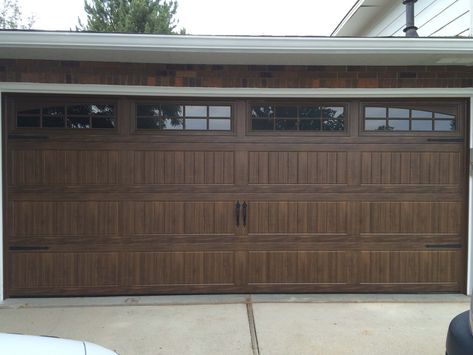 Garage And Front Door, Brown Garage Door, Front Door Replacement, Faux Wood Garage Door, Garage Door Colors, Carriage House Garage Doors, Garage Door House, Garage Door Paint, Carriage House Doors