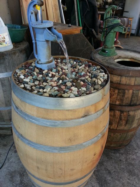 Wine Barrel Water Feature, Whiskey Barrel Fountain, Whiskey Barrel Decor, Barrel Fountain, Wine Barrel Decor, Wine Barrel Crafts, Whiskey Barrel Furniture, Barrel Projects, Barrel Ideas