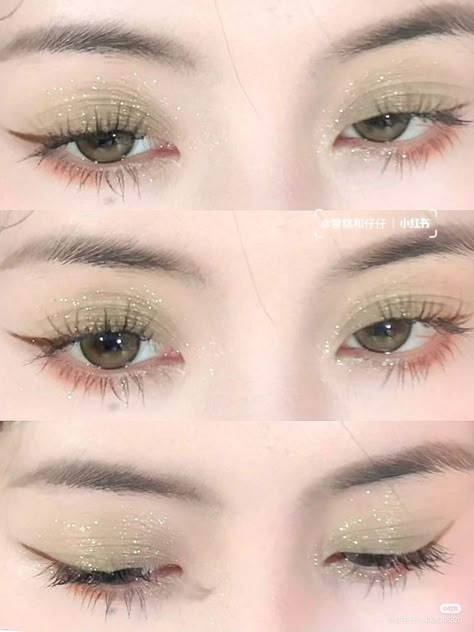 Green Soft Makeup Looks, Soft Green Makeup Looks, Green Douyin Makeup, Soft Green Makeup, Makeup Verde, Green Makeup Tutorial, Hoco Makeup Looks, Pretty Eye Makeup, Chinese Makeup