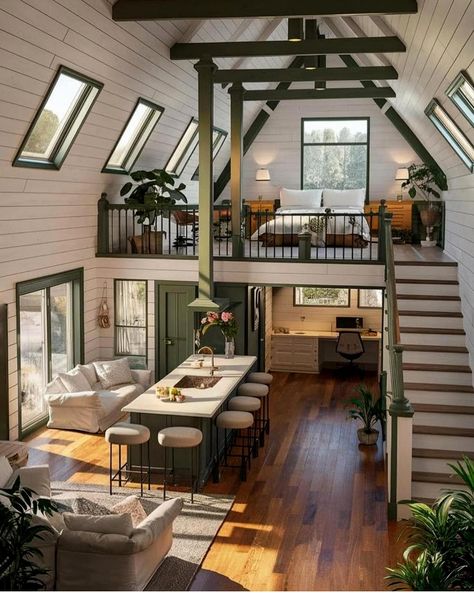 Mini Home Interior, Small Loft House Design, Small Loft House, House With Mezzanine, Tiny Houses Interior, Studio Tiny House, Adu Designs, Interior Tiny House, Tiny House Plans With Loft