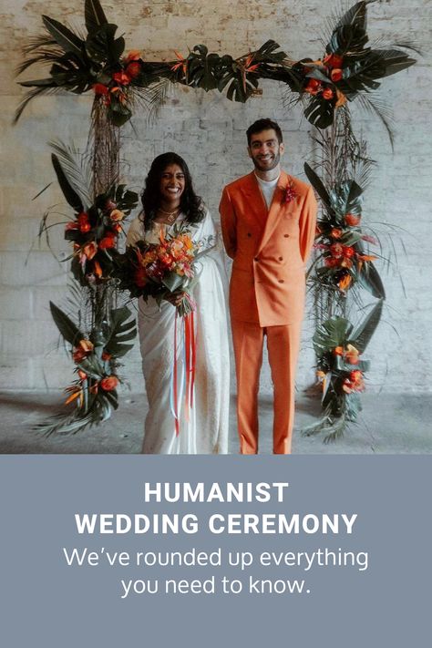 Bride in white dress and groom in orange suit at Indian wedding in front of tropical green and orange wedding arch Humanist Wedding, Buddhist Wedding, Humanist Wedding Ceremony, Ring Bearer Dog, Sunrise Wedding, Religious Wedding, Wedding Altars, Dog Wedding, Free Wedding