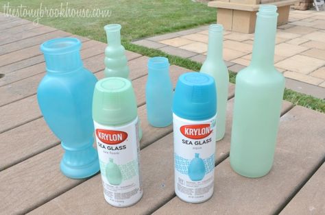 Seaglass Paint, Seaglass Spray Paint, Sea Glass Paint, Glass Spray Paint, Sea Glass Diy, Summer Mantel, Coastal Summer, Wine Bottle Diy Crafts, Painted Wine Bottles