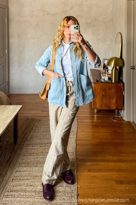 The Will Jacket from Sézane is just divine. Its giving vintage chore coat vibes and I just adore it. I paired with a breezy pair of linen pants, oxford mule slides, a classic white tee, and a vintage coach bag. This is an easy spring outfit idea or great transitional spring outfit idea. #chorecoat #springoutfitidea #linenpantsoutfit #coastalgrandmotheraesthetic Chore Coat Outfit, Simple Spring Outfits, Spring Outfit Idea, Mule Slides, Linen Pants Outfit, Vintage Coach Bag, Vintage Coach Bags, Coat Outfit, Jenni Kayne