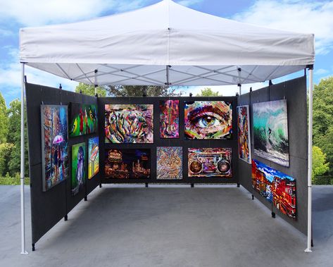 Canvas Painting Display Ideas, Painting Booth Display, Art Display Ideas Exhibitions, Art Festival Booth Display, Artist Booth, Festival Booth Display, Art Display Panels, Art Festival Booth, Art Fair Display