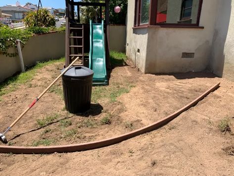 How To Install Rubber Mulch for Playgrounds - More Bounce Per Ounce - Home Fixated Rubber Mulch Patio, Rubber Mulch Play Area, Swingset Landscaping, Rubber Mulch Landscaping, Rubber Mulch Playground, Playground Backyard Diy, Playground Rubber Mulch, Playground Mulch, Diy Retaining Wall