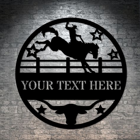 Design your personalized horse metal sign today and add a unique name, date, or message. This customizable cowboy rodeo wall hanging is the perfect display for an office, hall, man cave, garage, kid's room, or any living room, and could be a one-of-a-kind wall art sign gift to a horse lover, yourself, or a loved one. E.g. monogram gift for a Birthday, Christmas, Anniversary, Retirement, Mother's Day, Father's Day, or Housewarming - You decide 😊 *Attention*🔎 Please double-check that your text, sign size, and color are perfect ✔️ This is a custom-made rodeo metal art sign with YOUR custom design. Shortly after you send your order, this cowboy silhouette will enter the production line. Therefore we sadly can't make any changes or cancellations once the machine starts laser-cutting your hors Horse Rodeo, Decor Western, Cowboy Rodeo, Steel Signs, Man Cave Garage, Unique Names, Western Home Decor, Grid Design, Art Sign