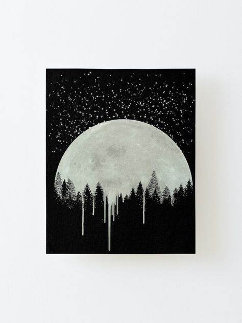 Melting Moon Painting, Moon On Black Canvas, Moon And Mountains Painting, Easy Black Canvas Paintings, Canvas Painting On Black Background, Sillhoute Painting, Stars Painting Easy, Canvas Painting With Black Background, Black Background Painting Ideas