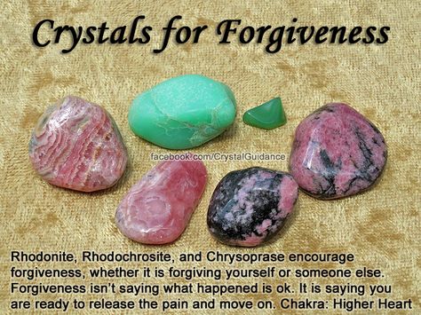 Crystals for Forgiveness — Rhodonite, Rhodochrosite, or Chrysoprase encourage forgiveness, whether it is forgiving yourself or someone else. Forgiveness isn't saying what happened is ok. It is saying you are ready to release the pain and move on. Hold your preferred crystal in your hand or on your Higher Heart chakra. Envision yourself offering forgiveness or receiving it. — Affirmation: "I release the pains of the past. I forgive all those that need my forgiveness and I forgive myself." Crystal Tips, Healing Gemstones, Crystal Therapy, Crystal Healing Stones, Crystal Magic, Crystal Meanings, Rocks And Gems, Gem Stones, Energy Crystals