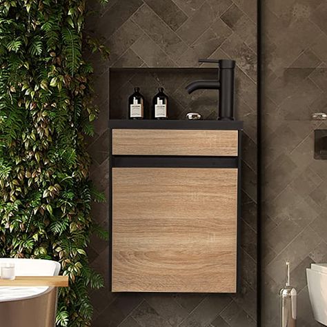 Small Bathroom Vanity Wall Mounted, Black and White Mixed Small Bathroom Vanity, with Ceramic Sink Small Black Vanity, Small Black Bathroom, Small Space Vanity, Bathroom Vanity And Sink, Bathroom Vanity Wall Mounted, Ceramic Sink Bathroom, Small Bathroom Vanity, Black Vanity Bathroom, Bathroom Vanity Wall