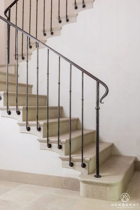 French Transitional Style Home Interiors - Stair Details, Custom Iron and Limestone French Staircase, Indoor Stair Railing, Iron Staircase Railing, درج السلم, Indoor Railing, Metal Stair Railing, Interior Stair Railing, Wrought Iron Stair Railing, Staircase Design Modern