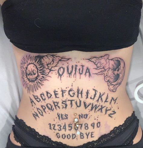 Stomach Tattoos Ideas, Grunge Stomach Tattoos, Chest Tattoo Stencils For Woman, Gothic Tattoo Ideas For Women, Ouija Board Tattoos, Goth Stomach Tattoos, Horror Tattoos For Women, Gothic Stomach Tattoo, Creepy Stomach Tattoos