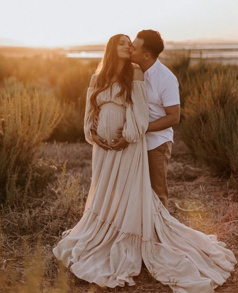 Maternity Photo Shoot Flowy Dress, Tan Dress Maternity Photos, Cream Dress Maternity Shoot, Lukalula Maternity Dress, Simple Boho Maternity Photos, Fall Beach Maternity Photoshoot, Maternity Photo Shoot Ideas White Dress, Mens Outfit For Maternity Photos, Maternity Photo Shoot Ideas Flowy Dress