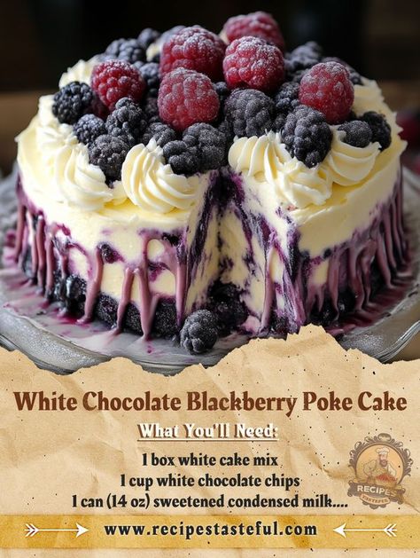 Tasteful Recipes | White Chocolate Blackberry Poke Cake 🍰 | Facebook Blackberry White Chocolate Cake, White Chocolate Blueberry Cake, White Chocolate Blackberry Cake, White Chocolate Blackberry Poke Cake, White Chocolate Poke Cake, Blackberry Poke Cake, White Chocolate Chips Recipes, Roll Desserts, Blackberry Cake Recipe