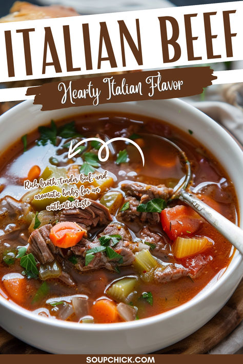 Italian Beef Soup Recipe Italian Beef Soup Recipes, Salami Soup, Italian Beef Soup, Beef Soup Crockpot, Steak Soup Recipes, Copycat Soup, Beef Soup Recipes, Italian Beef, Italian Soup