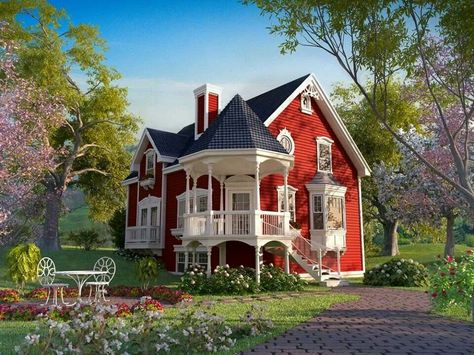 Red Houses, Victoria House, Victorian Style Homes, Red Cottage, This Old House, Red House, Cute House, Sims House, House Goals