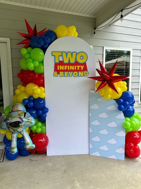 TWO Infinity & Beyond! #toystory #secondbirthday #twoinfinityandbeyond... | TikTok Two Infinity And Beyond Backdrop, 2 Infinity And Beyond, Toy Story Backdrop Ideas, Toy Story Backdrop, Two Infinity And Beyond Birthday, Toy Story Party Decorations, Bday Decor, Story Birthday, 2nd Birthday Party Themes