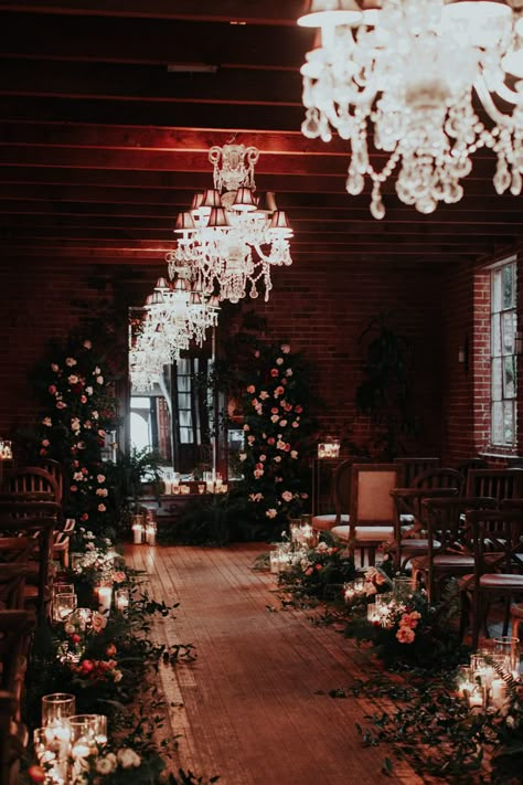 This romantic wedding ceremony features lush florals, warm candles, and mismatched seating | Image by Alexandra Wallace Carondelet House Wedding, Lots Of Candles, Dark Romantic Wedding, Romantic Wedding Receptions, Romantic Wedding Venue, Romantic Wedding Ceremony, Moody Wedding, La Wedding, House Wedding