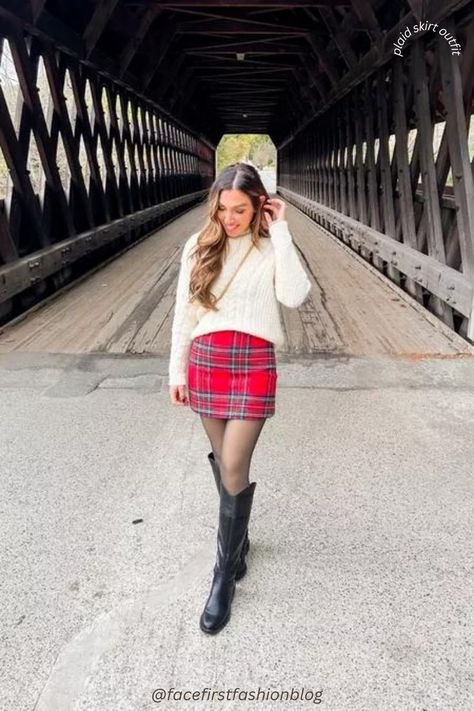 Red Plaid Skirt Outfit for Winter! Cold Weather Outfit. Red Plaid Outfits For Women, Red Plaid Skirt Outfit, Plaid Mini Skirt Outfit, Red Plaid Outfit, Crochet Caps, Easy Crochet Hat Patterns, Plaid Skirt Outfit, Red Plaid Skirt, Easy Crochet Hat