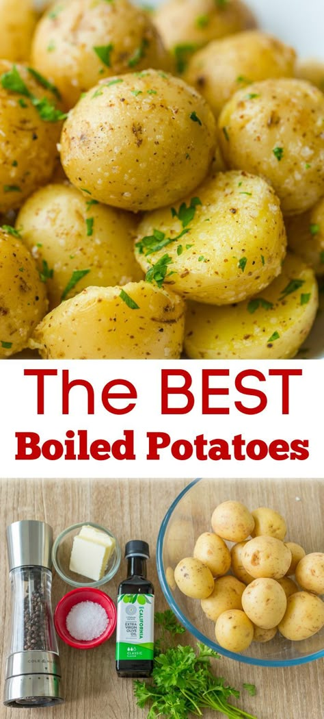 Boiled Potatoes are one of the easiest sides and pair well with steak, chicken, seafood and just about any main dish. Drizzling with melted butter and olive oil brings out the natural creamy and buttery flavor of new potatoes. Boil Small Potatoes, Boiling Small Potatoes, Buttery New Potatoes Recipes, Salted Boiled Potatoes, Smoother Potatoes, Boiled Red Potatoes Recipe, Small Potatoes Recipe Stove, How To Make New Potatoes, How To Make Small Potatoes