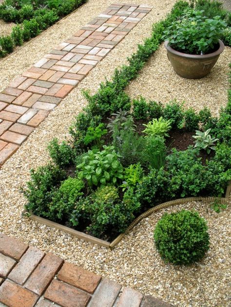 Formal Layout of Herb Garden Brick Walkways, Backyard Herb Garden, Stone Paths, Backyard Goals, Brick Patio, Brick Walkway, Gravel Patio, Border Ideas, Herb Garden Design