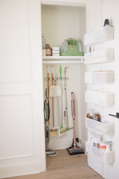 Broom Cupboard Organisation, Narrow Utility Closet, Purse Hangers For Closet, Laundry Room Organization Minimalist, Walk In Cleaning Closet, Home Storage Organization, Organizing Cleaning Supplies Closet, Linen Closet Upgrade, Cleaning Cupboard Storage