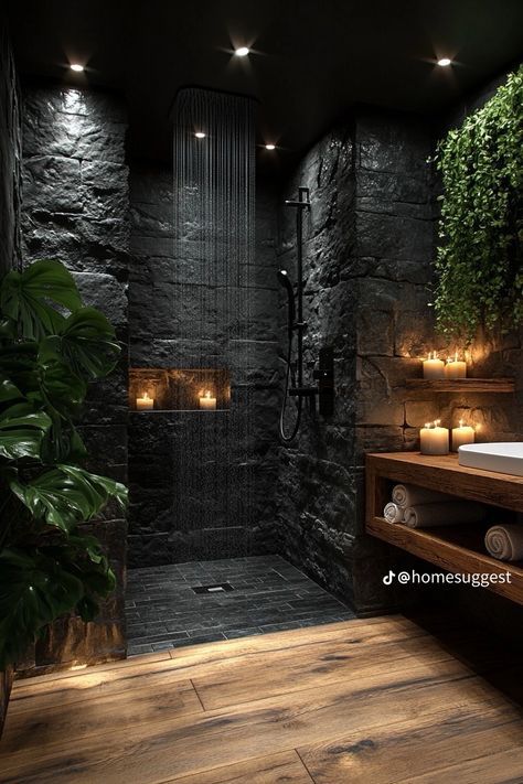 Dark Stone Shower Ideas, Rustic Luxe Bathroom, Dark Shower Room Ideas, Black House Interior Design Bathroom, Black Bath Tub Bathroom, Dark Spa Bathroom Ideas, Black Shower Bathroom Ideas, Black Bathrooms Luxury, Dark Shower Ideas