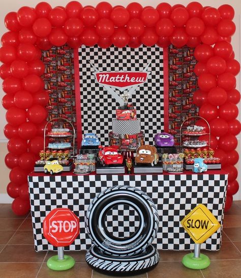 Woah! Don't know if I could do all that! Looks awesome though! Disney Cars Birthday Party Car Themed Birthday Party, Disney Cars Theme, Pixar Cars Birthday, Cars Birthday Party, Disney Cars Party, Disney Cars Birthday, Cars Birthday Party Disney, Car Themed Parties, Car Birthday Theme