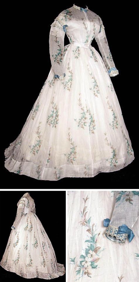 Organza dress ca. 1865. Bodice has muslin foundation trimmed in needlelace accented with bows. Time Travelers Estate Sales: 1867 Dress, 1860s Dresses, Sheer Dresses, House Of Worth, Historical Clothes, Antique Dresses, 1860 Fashion, 19th Century Fashion, Old Dresses