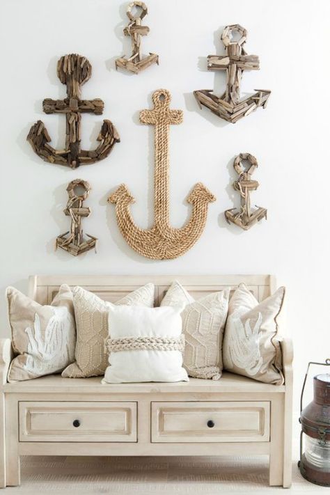 Creative Anchor Gallery Wall… Coastal Bathroom Decor, Compass Wall Decor, Deco Marine, Cottage Coastal, Coastal Wall Decor, Coastal Bathrooms, Coastal Living Rooms, Coastal Bedrooms, Beach Cottage Decor