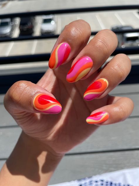 Neon Pink And Orange Nails Summer Colors, Marbella Nails, Ibiza Nails Summer, Pink And Orange Nails Design, Pink And Orange Acrylic Nails, Pink And Orange Nail Art, Bright Almond Nails, Hot Pink And Orange Nails, Orange Pink Nails