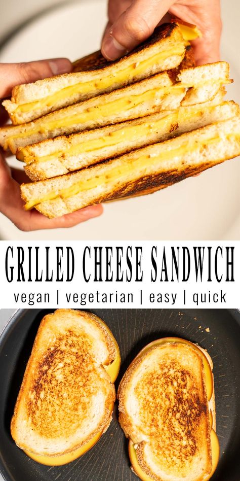 Collage of two pictures of the Grilled Cheese Sandwich. Top photo shows how a stack of four open sandwiches held in hands. Bottom photo shows two closed, browned sandwiches in a pan. Text with the recipe title separates both pictures. Dairy Free Grilled Cheese Sandwich, Vegan Grilled Cheese Sandwich, Sassy Sandwiches, Easy Vegan Cheese Recipe, Contentedness Cooking, Vegan Grilled Cheese, Black Color Hairstyles, Grill Cheese Sandwich Recipes, Cheese Sandwich Recipes