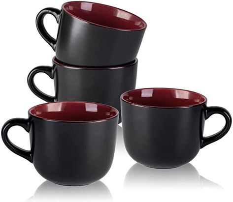 AmazonSmile: AmorArc 24 oz Large Coffee Mugs set of 4, Jumbo Soup Mugs with handles for Latte Hot Cocoa Tea Soup Cereal Snacks Noodle, Microwave&Dishwasher safe (Matte Black-Red) : Everything Else Snacks Microwave, Black Dishwasher, Cereal Snacks, Cocoa Tea, Large Coffee Mugs, Soup Mugs, Bowl Of Soup, Coffee Staining, Large Coffee