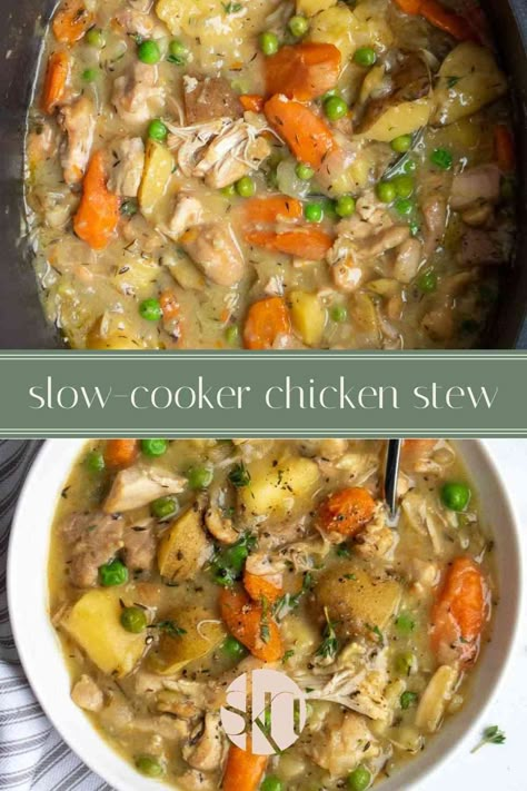 A creamy chicken stew without the cream, this hearty slow cooker chicken stew recipe is perfect for a cold day. Crock Pot Chicken Recipes Potatoes, Slow Cooker Recipes Chicken Stew, Queen Of The Slow Cooker, Crockpot Hearty Soup Recipes, Damn Delicious Crockpot Recipes, Chicken And Kale Crockpot Recipes, Crockpot Recipes Chicken Stew, Crockpot Chicken With Veggies, Hearty Slow Cooker Chicken Stew