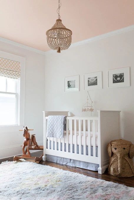 Painted ceiling inspiration: Soft Pink Ceiling Transitional Nursery, Baby Room Boy, Nursery Paint Colors, Pink Ceiling, Girl Nursery Pink, Simple Nursery, Colored Ceiling, Nursery Paintings, White Nursery