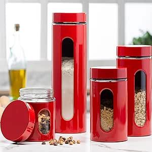 Red Pantry, Red Kitchen Canisters, Stainless Steel Canister Set, Kitchen Counter Organization, Kitchen Canister Set, Metal Canisters, Sugar Canister, Sugar Jar, Glass Canisters