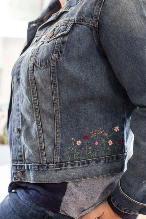 Ways to Makeover a Jacket for Fall with Vinyl, Paint & More! | Club Crafted Clothing Remakes, Embellished Jean Jacket, Denim Jacket Embroidery, Jean Jacket Diy, Embroidery Jeans Jacket, Jean Diy, Jeans Embroidery, Embroidery Clothes, Pocket Embroidery